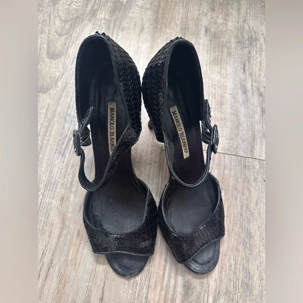 Manolo Blahnik Caldo Sequined Black Ankle Strap Peep Toe Stiletto Heels